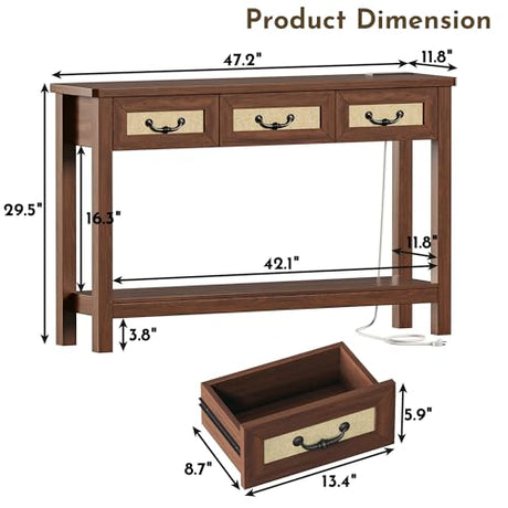 HUAHUU 47.2" Console Table with 3 Rattan Drawers, Long Sofa Table with Storage Behind Couch, Farmhouse Entryway Table with Power Outlet & Open Storage for Entrance/Hallway/Foyer/Living Room, Walnut HUAHUU