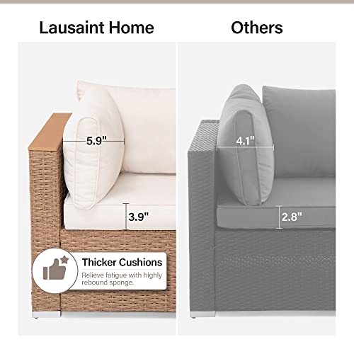 LAUSAINT HOME Outdoor Patio Furniture, 7 Piece Patio Furniture Set PE Rattan Sectional Conversation Sets with Thick Cushions & Wood-Like Coffee Table for Garden, Porch(Beige/Brown Wicker) LAUSAINT HOME
