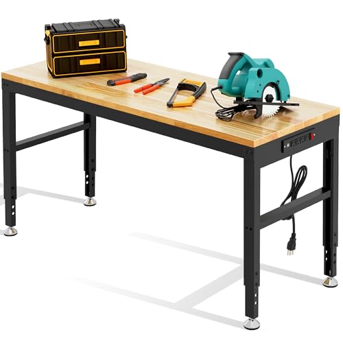 Antifir 60" Heavy Duty Workbench 1800 Lbs Capacity Solid Wood Working Bench Adjustable Height Work Tables with Power Outlets for Garage Shop Home Office Antifir