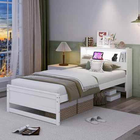 Giantex Twin Bed Frames with Storage Headboard, Wood Platform Bed with Charging Station & LED Light, Single Bed with Slats Support, Under-Bed Space, Twin Bed Frames for Kids Girls Boys (White) Giantex