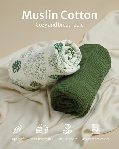Blissful Diary Muslin Crib Sheets for Girl Boy, Boho Neutral Soft Cotton Baby Sheet for 52''x28'' Standard Crib Mattress, 2 Pack(Monstera&Dark Green) Blissful Diary