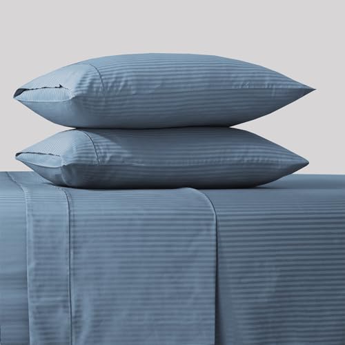Feather & Stitch 500 TC Queen Size Damask Bed Sheet Set, 100% Cotton Soft Breathable Bedsheets, 4 Piece 18" Deep Pockets Sateen Weave Striped Bedding Mattress Resort Hotel Luxury Décor - (Blue Stripe) FEATHER & STITCH NEW YORK