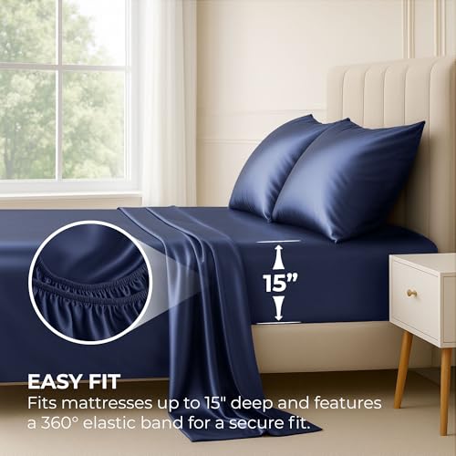 Pure Bedding Satin Sheets Twin Hotel Luxury Silky Bed Sheets - Extra Soft 1800 Microfiber Sheet Set, Wrinkle, Stain Resistant - Deep Pocket Fitted Flat Sheet, Pillow Cases (3-Piece, Midnight Blue) Pure Bedding