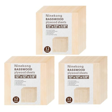 36 Pack Basswood Sheets 1/8 inch,12"x12"x1/8" Plywood Sheets,3mm Basswood for Laser Cutting,Laser Engraving Blanks,Thin Natural Unfinished Wood for Crafts,Wood Burning,Scroll Saw Cutting Ninekong