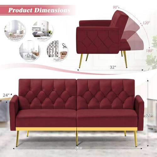 ACMEASE Velvet Sofa Bed w/Adjustable Armrests & Backrests, Modern Convertible Sleeper Sofa, Tufted Futon Sofa for Bedroom, Living Room, Apartment, Red ACMEASE