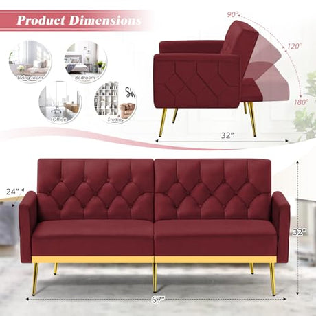 ACMEASE Velvet Sofa Bed w/Adjustable Armrests & Backrests, Modern Convertible Sleeper Sofa, Tufted Futon Sofa for Bedroom, Living Room, Apartment, Red ACMEASE