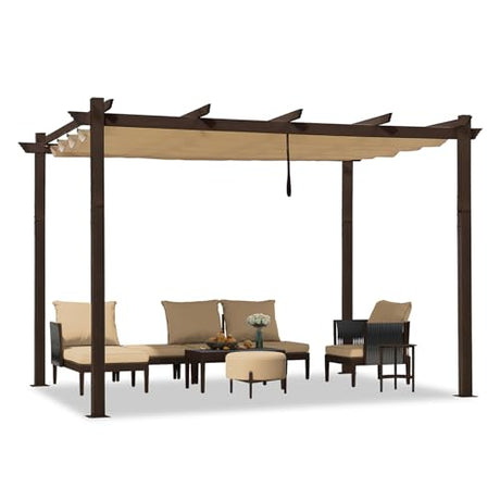PURPLE LEAF 10' x 12' Outdoor Retractable Pergola Aluminum with DIY Sun Shade Canopy Patio Modern Heavy-Duty Brown Shelter for Garden Yard Pavilion Grape Trellis Porch, Beige PURPLE LEAF