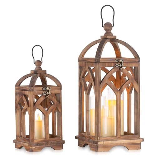 Romadedi Farmhouse Candle Lantern Wooden - 12" / 16" Set of 2 Decorative Rustic Wood Candle Holder Home Decor Decoration Wedding Table Centerpiece, Brown Romadedi