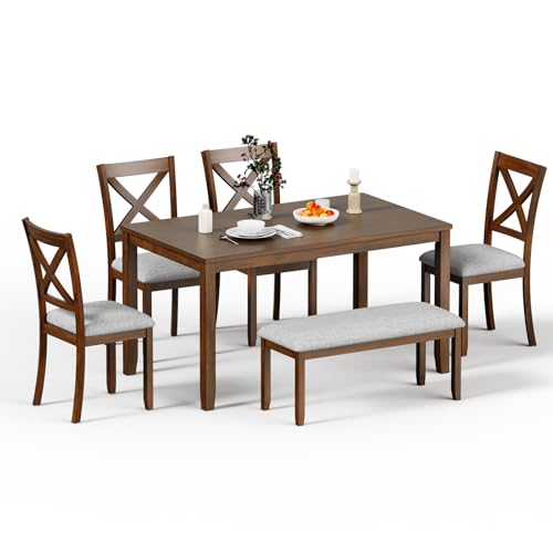 Zevemomo 6-Piece Solid Wood Dining Table Set, Including 1 Dining Table, 4 Upholstered Chairs and 1 Bench, Wooden Dining Table Set for Kitchen, Dining Room, Walnut Zevemomo