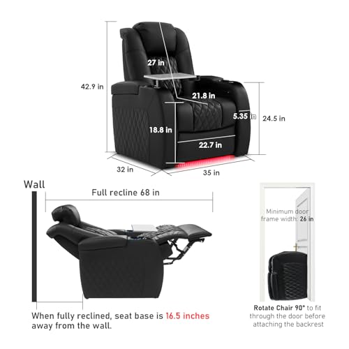 PBRO Home Theater Seating Top Grain Leather Recliner Chair, Movie Theater Chair Sofa with Power Reclining & Headrest USB Charger Ports Ambient Lighting, Black Single Seat for Home