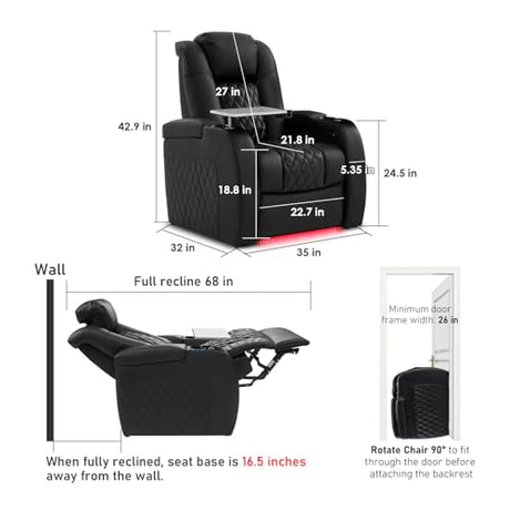 PBRO Home Theater Seating Top Grain Leather Recliner Chair, Movie Theater Chair Sofa with Power Reclining & Headrest USB Charger Ports Ambient Lighting, Black Single Seat for Home PBRO