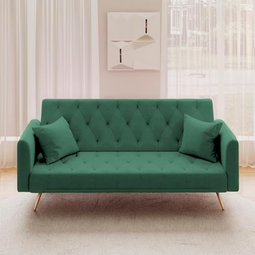 72"Modern Velvet Sofa Bed Futon,Convertible Folding Sleeper Bed Couches with 3 Adjustable Backrests,Tufted Recliner Love Seat with Golden Chrome Legs for Living Room Apartment Office (Green+pillows) Anwick