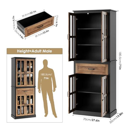 FOTOSOK 71'' Kitchen Pantry Cabinet, Tall Kitchen Cabinet Pantry Cabinet with Glass Doors and Drawer, Freestanding Food Pantry Kitchen Hunch with Adjustable Shelves for Dining Living Room, Na - WoodArtSupply