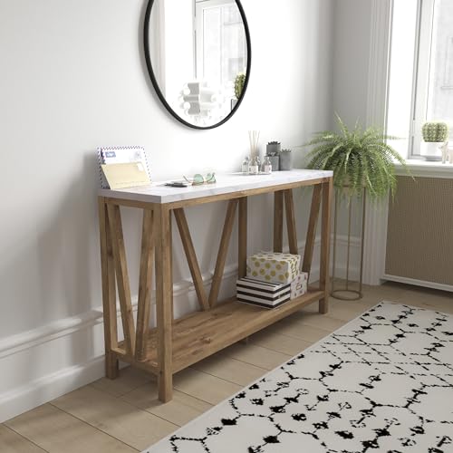 BizChair Farmhouse 2-Tier Console Table - Warm Oak Finish Engineered Wood Frame - Marble Finish Tabletop - for Entryway or Living Room BizChair