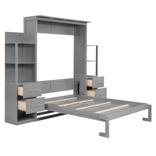 Harper & Bright Designs Full Murphy Bed with Storage Shelves, Drawers and LED Light, Cabinet Full Bed with Flexible Slats Support, Wood Foldable Wall Bed Frame for Home Office Studio, Gray Harper & Bright Designs