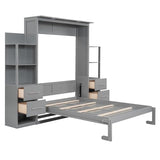 Harper & Bright Designs Full Murphy Bed with Storage Shelves, Drawers and LED Light, Cabinet Full Bed with Flexible Slats Support, Wood Foldable Wall Bed Frame for Home Office Studio, Gray Harper & Bright Designs