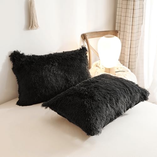 HAIHUA Plush Black Comforter Cover Queen Set, Soft Faux Fur Fluffy Black Bedding Queen Set 3 Pieces (1 Fuzzy Duvet Cover + 2 Furry Pillow Cases) Shaggy Bed Set, Zipper Closure HAIHUA