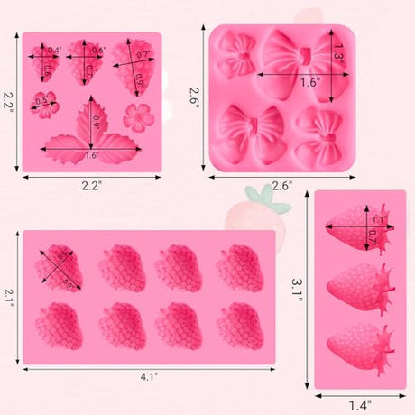 JOERSH 4PCS Strawberry Fondant Molds, Bow Fondant Silicone Molds, Fruit Baking Mold for Cake Decorating, Cupcake Topper, Chocolate, Candy, Candle, Clay JOERSH