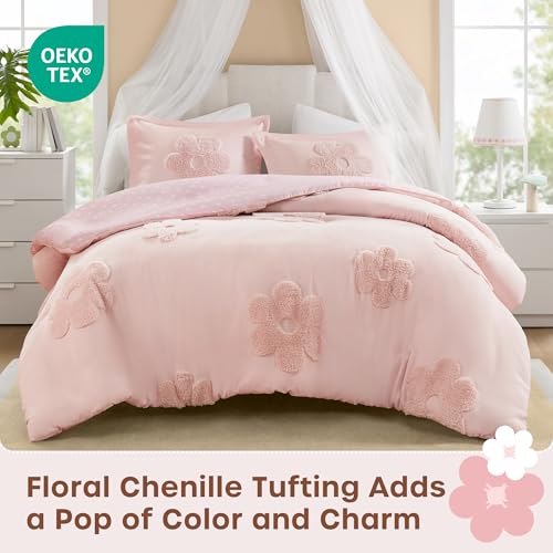 Intelligent Design Kids Queen Duvet Cover Set for Girls, Tufted Chenille Floral Duvet Set Queen, Lightweight Polka Dot Duvet Reversible Bedding Cover, Sham, Pillow, Gracie, Full/Queen Pink 3 Piece Intelligent Design