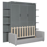 Merax Murphy Bed, Queen Size Wooden Wall Bed with Sofa for Bedroom, Wood Slat Support, No Box Spring Needed, Easy Assembly, Grey Merax