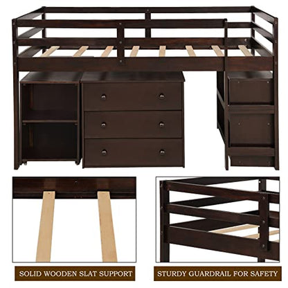 Bellemave Espresso Low Loft Bed Frame with Storage & Rolling Desk for Kids and Teens - WoodArtSupply