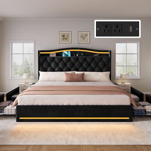 DWVO King Size Bed Frame with 4 Storage Drawers and RGB LED Lights, 57'' Tall Headboard Velvet Upholstered Bed with Charging Station, No Box Spring Needed, Easy Assembly, Noise-Free, Black DWVO