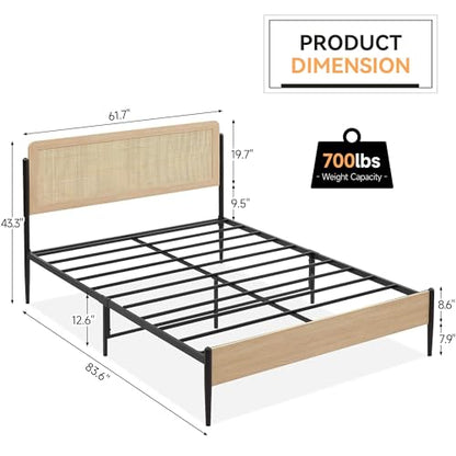 IDEALHOUSE Metal Bed Frame with Curved Natural Rattan Headboard, Queen Size Bed Frame with Wooden Tailboard, Underbed Storage Space, Noiseless, Black