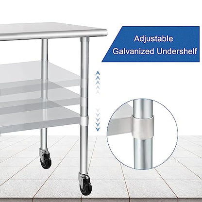 HARDURA Stainless Steel Table with Wheels 24 x 30 Inches Casters NSF Heavy Duty Commercial Work & Prep Table with Undershelf and Galvanized Legs for Restaurant Kitchen Bar and Hotel Garage - WoodArtSupply