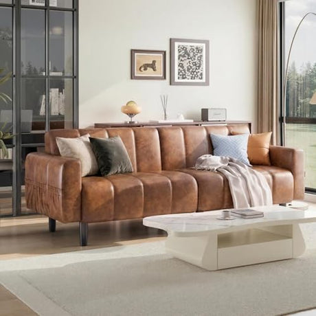 hausway 83”Faux Leather Futon Couch,Mid Century Modern Convertible Faux Leather Sofa with Adjustable Backrest,Storage Pocket,Wooden&Steel Frame for Office,Living Room,Space-Saving,Brown hausway