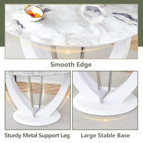 JUFU Round Dining Table Set for 4, 47" White Dinner Table Set for 4 with Marble Pattern Tabletop and PU Upholstered White-007 Chairs, Modern 4 Person Dining Table Set for Dinning Room, Kitchen, Café JUFU