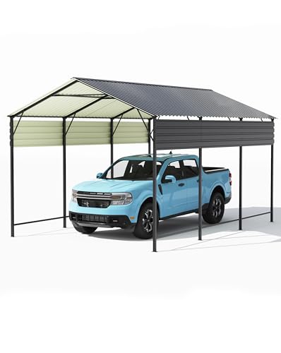 Greesum 10x15FT Metal Carport with Heavy Duty Frame and Galvanized Steel Roof, Vertical Carports with Side Support Rods, Canopy Shelter for Car, Pickup Trucks, Boats and Tractors, Party, Gray Greesum