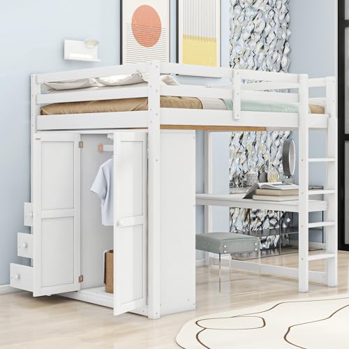Full Size Loft Bed Frame with Built-in Wardrobe, Desk, Storage Shelves and Drawers, Wood Slat Support Merax