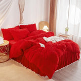 HAIHUA Plush Red Comforter Cover Queen Set, Soft Shaggy Faux Fur Red Bedding Queen Set 3 Pieces (1 Fluffy Duvet Cover + 2 Fuzzy Pillow Cases) Furry Bed Set, Zipper Closure HAIHUA
