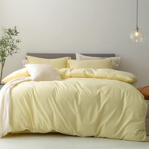 FOSSA Duvet Cover Set 100% Washed Cotton Linen Feel Super Soft Breathable Cozy 3 Pieces Bedding Sets Solid Pastel Yellow Full/Double FOSSA