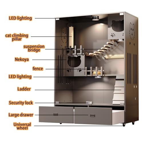 Wooden Cat House Large Space Cat Cage, Indoor/Outdoor Cat Enclosure with Wheels, Multi-Feature Enclosed Cat Condo with 2 Drawers for Indoor Cats Ventilation Glass Doors,57" X 36" X 24" HUATOL