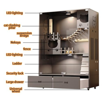 Wooden Cat House Large Space Cat Cage, Indoor/Outdoor Cat Enclosure with Wheels, Multi-Feature Enclosed Cat Condo with 2 Drawers for Indoor Cats Ventilation Glass Doors,57" X 36" X 24" - WoodArtSupply