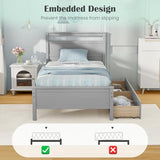 Giantex Wood Twin Bed with 2 Storage Drawers, Solid Wood Platform Bed with Headboard, Single Bed Wooden Slats Support, No Spring Needed, Twin Bed Frame for Kids, Teens, Adults (Grey) Giantex