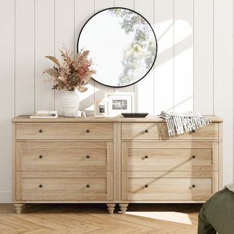 WAMPAT Dresser for Bedroom with 6 Drawers, Oak Kids Dressers with Wide Chest of Drawers, Mid Century Modern Wooden Closet Storage Organizer, Large Wood Dressers for Living Room, Nursery, Hallway WAMPAT