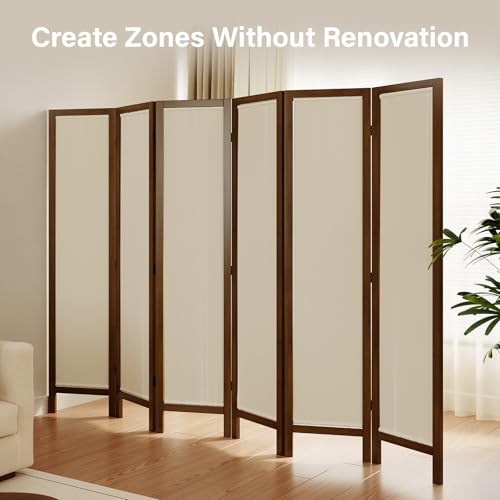 Linen Room Divider Privacy Screen, Foldable Wood Frame Partition Room Dividers with Removable Linen Fabric Curtain, Room Divider Panel, Zero Assembly for Home, Office, or Studio Brown 6 Panel Svimi