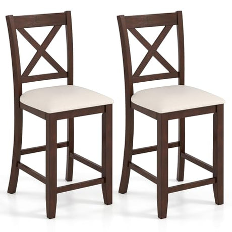Giantex 24" Bar Stools Set of 2, Farmhouse Counter Height Barstools w/Footrest, Cross Back, Comfortable Linen Cushion, Upholstered Wood Bar Chairs for Kitchen Island Dining Room Cafe, Walnut & Beige Giantex