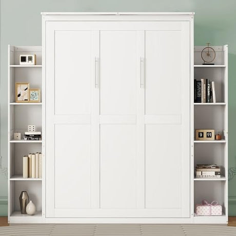 Harper & Bright Designs Queen Size Murphy Bed, Wooden Wall Bed with Shelves and LED Lights, White Harper & Bright Designs