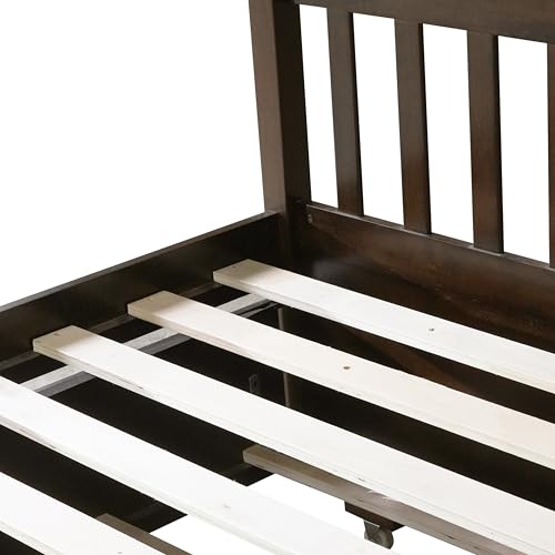 PVWIIK Full Over Full Bunk Bed for Kids Adults Teens Bedroom,Solid Wood Bunk Bed with Trundle & Ladder & Safety Guardrail,Convertible to 2 Separated Bed & No Box Spring Needed, Espresso PVWIIK