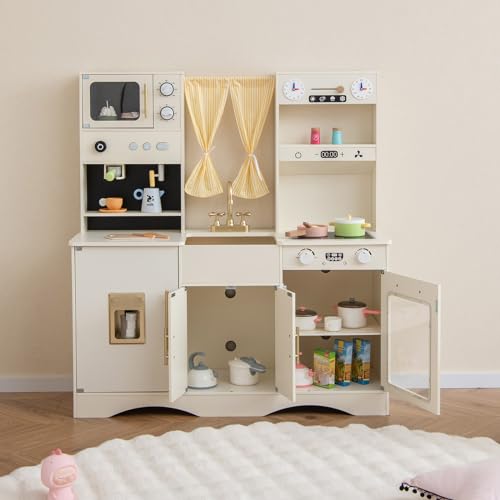 INFANS Kids Kitchen Playset, Cooking Toy Kitchen Set with Coffee Machine Stove Removable Sink Microwave Storage Cabinet, Simulation Wooden Play Kitchen for Toddler Boys Girls (Cream White) INFANS