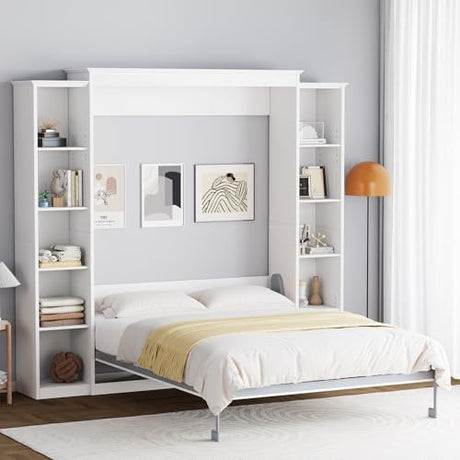 Rophefx Queen Murphy Bed Cabinet with 5-Tier Adjustable Storage Shelves, Wood Queen Wall Bed Cabinet Bed, Space Saving Beds, Hidden Bedframe, Foldable Platform Beds for Guest Room, Bedroom, White Rophefx