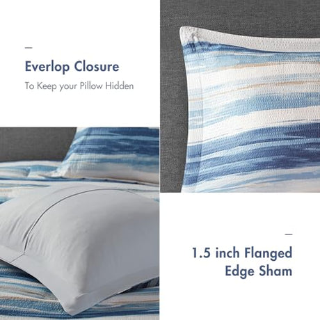 Madison Park Marina Comforter Quilt Combo Set - Modern Luxury Design, All Season Down Alternative Bedding, Matching Shams, Decorative Pillows, Full/Queen(90"x90"), Seersucker Blue 8 Piece Madison Park