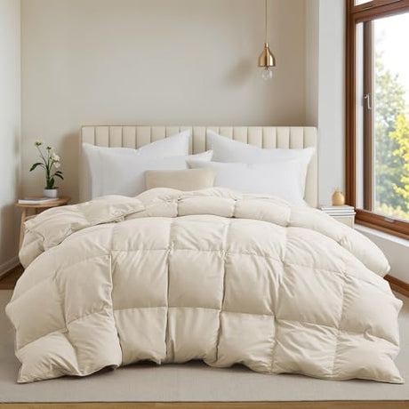 UNIKOME Goose Feather Down Fiber Comforter King Size, All Season Duvet Insert with Soft Downproof Cover, Cloud-Like Fluffiness Bed Comforters with Corner Tabs (King, Cream, 88"X104") UNIKOME