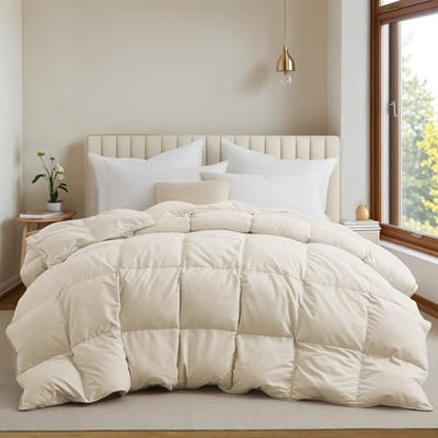 UNIKOME Goose Feather Down Fiber Comforter King Size, All Season Duvet Insert with Soft Downproof Cover, Cloud-Like Fluffiness Bed Comforters with Corner Tabs (King, Cream, 88"X104")