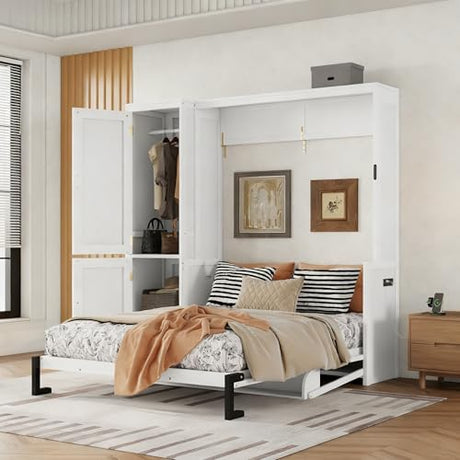 RuiSiSi Queen Size Murphy Bed with Wardrobe, Space-Saving Hidden Wall Bed Frame with Desk and Gas Struts, Wood Murphy Cabinet Bed with Charging Station, No Box Spring Needed, Easy Assembly, White RuiSiSi