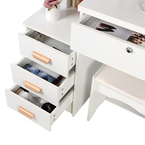 Vanity Desk with Sliding Mirror and Lights, Small Vanity Table Makeup Vanity Dressing Table, Makeup Vanity with Drawers & Shelves, Bedroom Dressing Table, Writing Desk Bedroom Essential (Whit - WoodArtSupply