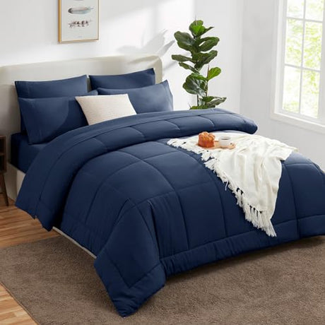 CozyLux Queen Comforter Set Navy Blue, 7 Pieces Bed in a Bag, Blue Comforter Queen Size, All Season Bedding Sets with Stitch Quilted Comforter, Flat Sheet, Fitted Sheet, Pillowcases CozyLux
